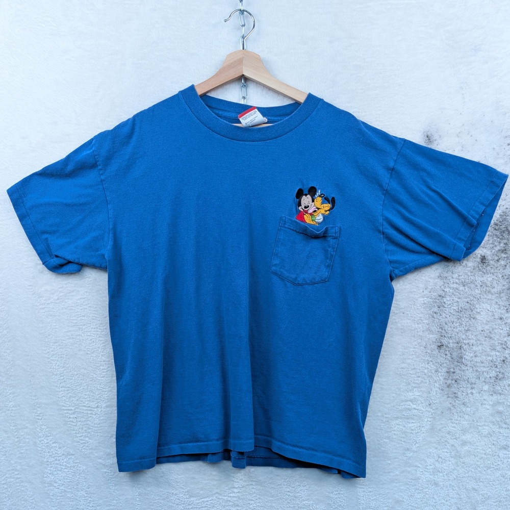 VTG Mickey Inc T-Shirt Men's XL Blue Mickey Pluto Pocket Disney Embroidered 90s